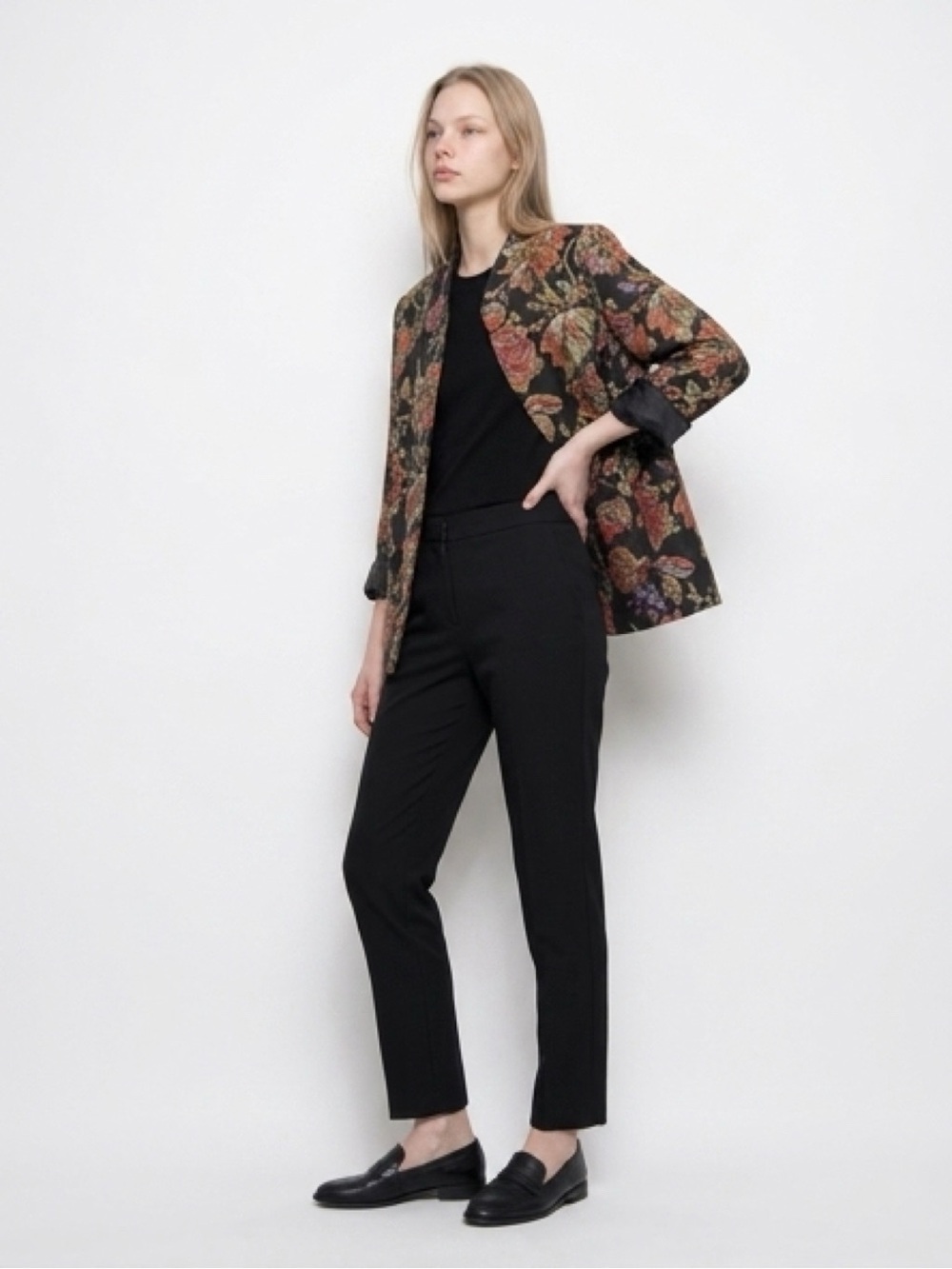 Sandra Darren Black Floral Brocade Blazer with Multicolor Embroidery